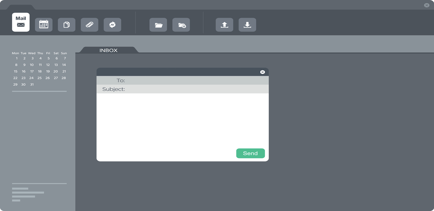Email application screen dark mode option and sending pop-up window